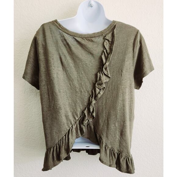J. Crew Green Heathered Ruffled Hem Top Medium Short Sleeves Lightweight Soft - Picture 3 of 5